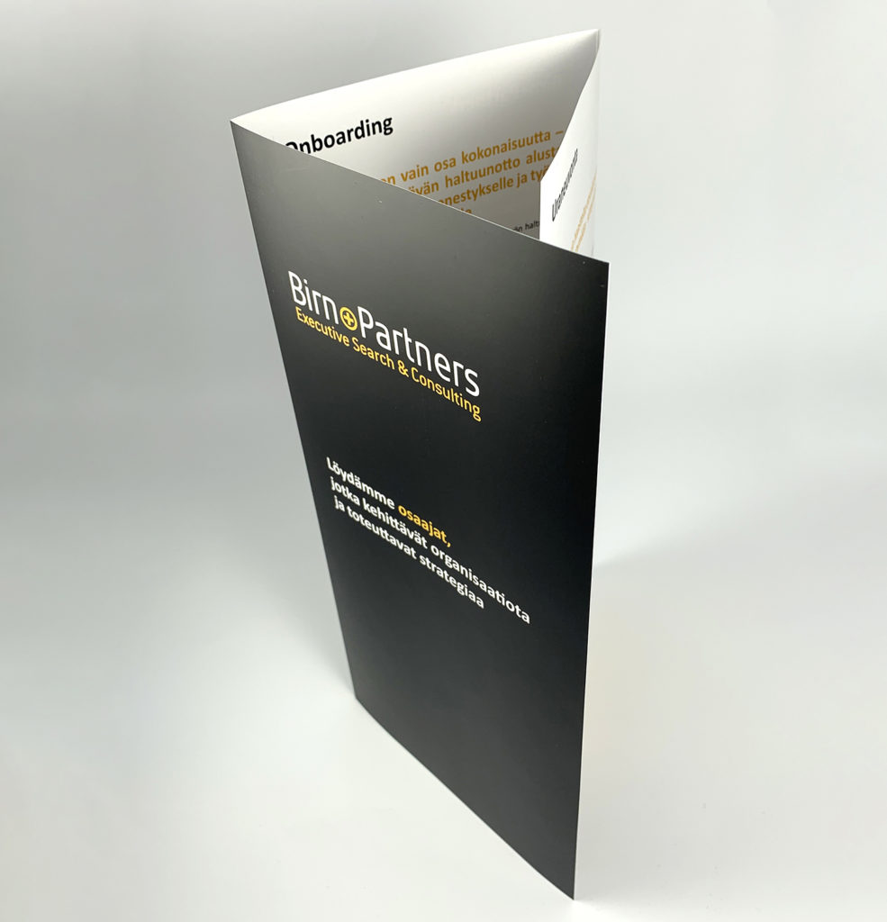 Kuvassa AM Digipainon valmistamia esitteitä, eri kokoisia ja värisiä.